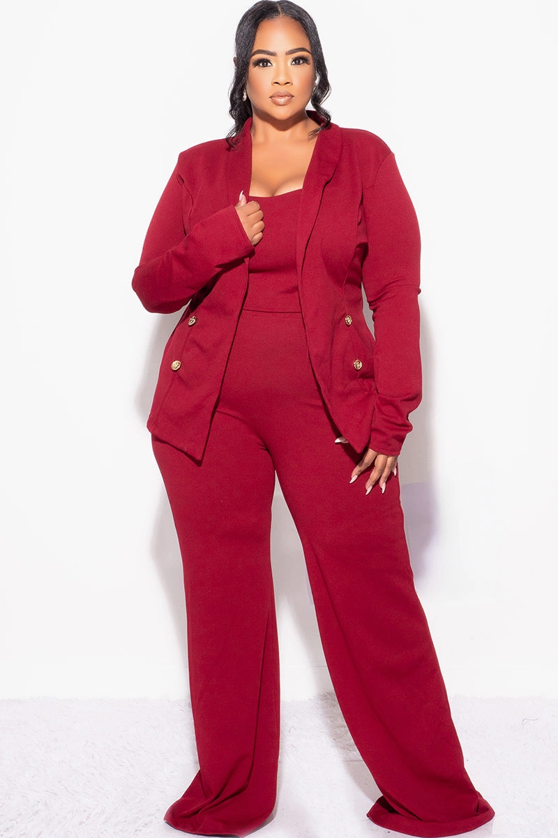 Final Sale Plus Size 3pc Blazer Top and Pants Set in Burgundy Easy Access