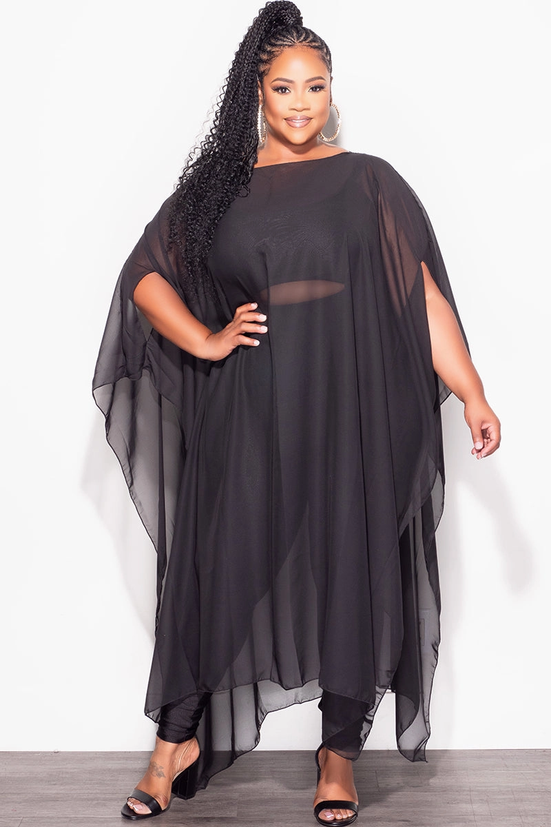 Final Sale Plus Size 3pc Chiffon Oversized Tunic Top, Bra Top and Legging Set in Black Perfectly Fit