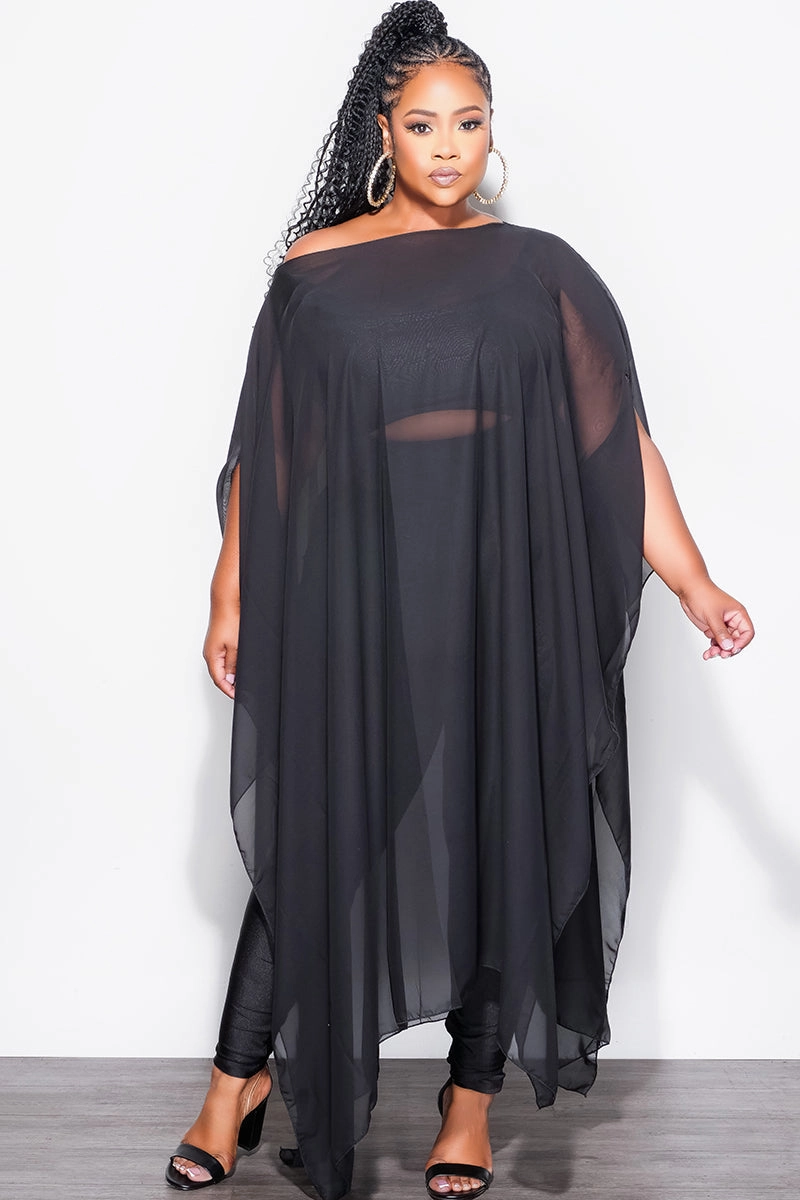 Quick Flex Final Sale Plus Size 3pc Chiffon Oversized Tunic Top, Bra Top and Legging Set in Black