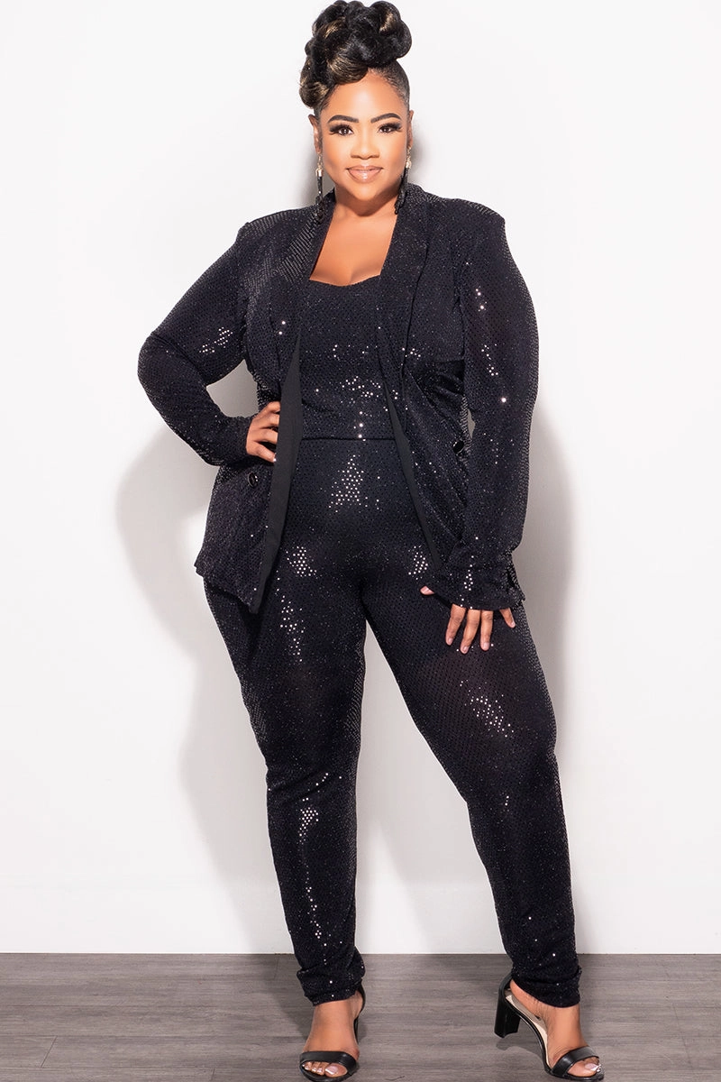 Final Sale Plus Size 3pc Confetti Dot Knit Sequin Pant Set in Black (Tapered Leg) WaterRepellentCoating Chilly Comfort