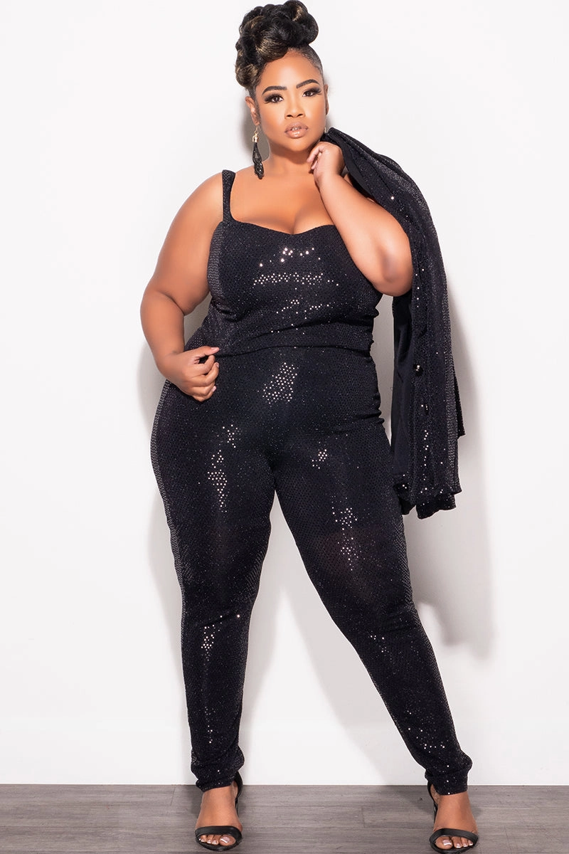 Effortless Fit Bootcut shape Final Sale Plus Size 3pc Confetti Dot Knit Sequin Pant Set in Black (Tapered Leg)