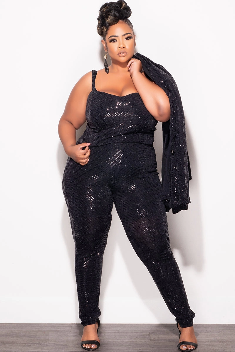 Final Sale Plus Size 3pc Confetti Dot Knit Sequin Pant Set in Black (Tapered Leg) Chilly Weather Quick Fit