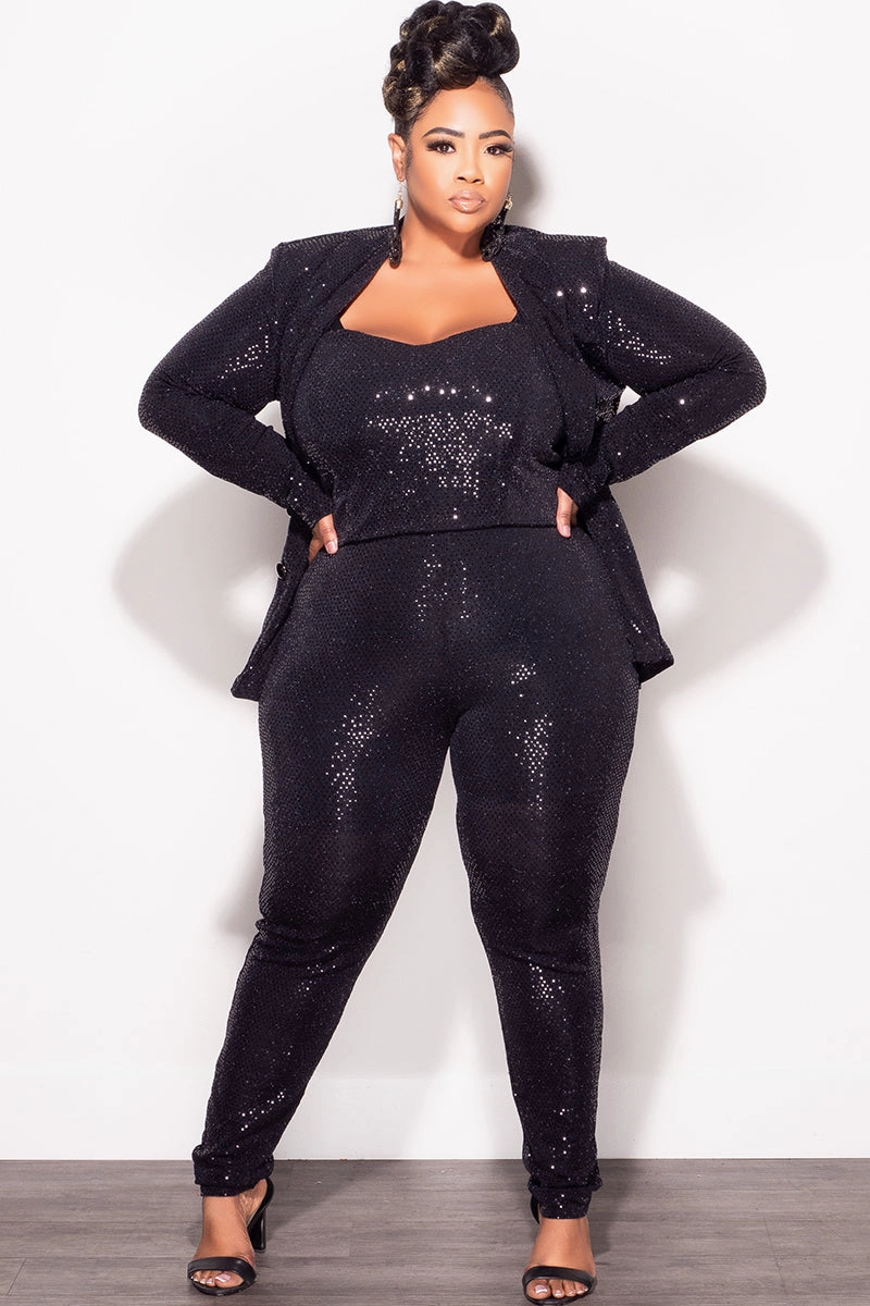 Performance Fit Comfortable Fashion Final Sale Plus Size 3pc Confetti Dot Knit Sequin Pant Set in Black (Tapered Leg)