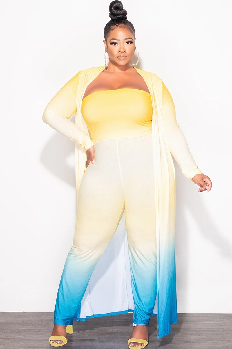 Back pockets Final Sale Plus Size 3pc (Duster, Bandeau Top & Pants) Set in Yellow & Turquoise Ombre