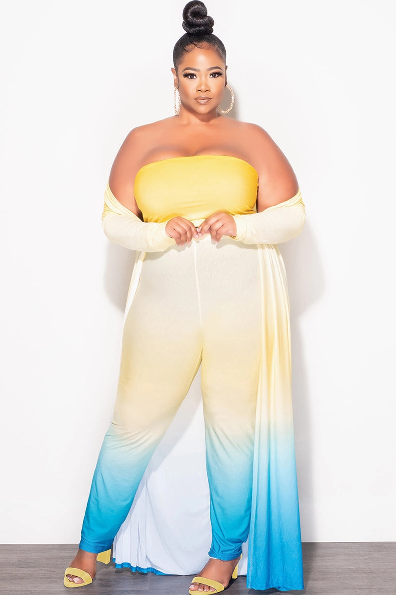 Final Sale Plus Size 3pc (Duster, Bandeau Top & Pants) Set in Yellow & Turquoise Ombre Compact Fit TouchscreenCompatiblePockets