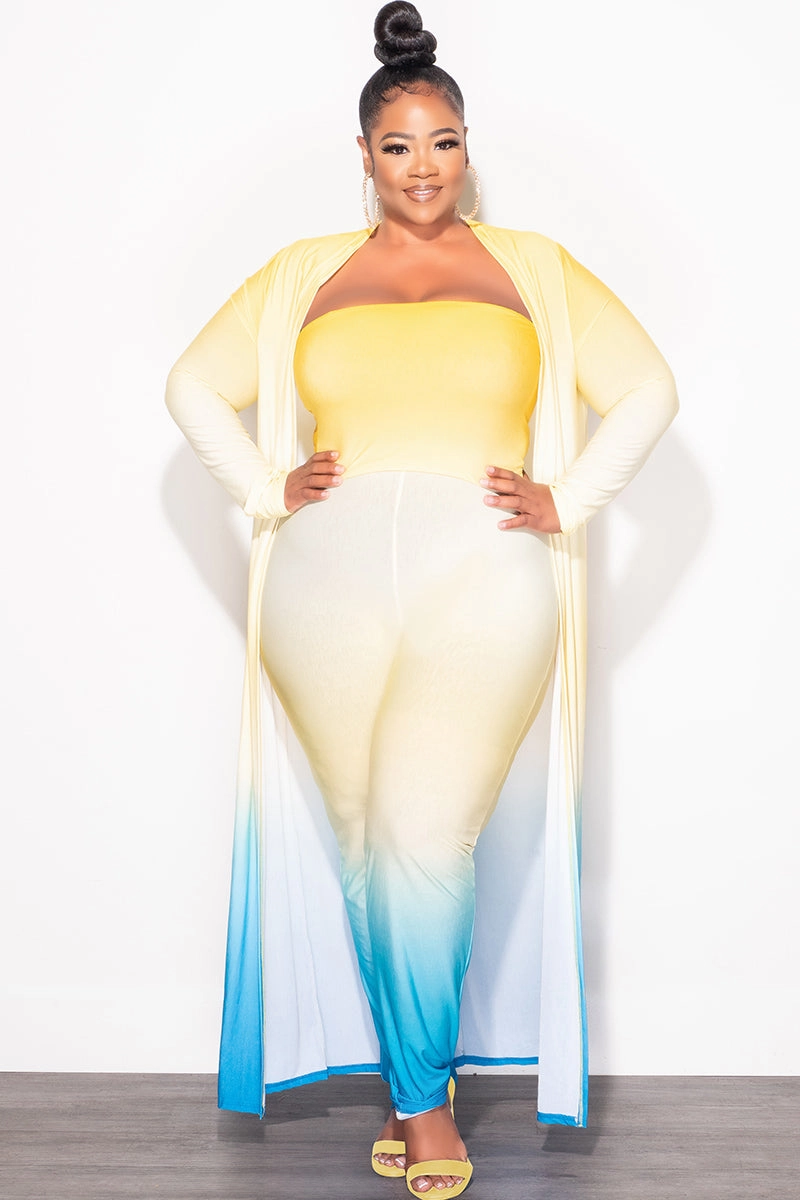Final Sale Plus Size 3pc (Duster, Bandeau Top & Pants) Set in Yellow & Turquoise Ombre Quick Wear