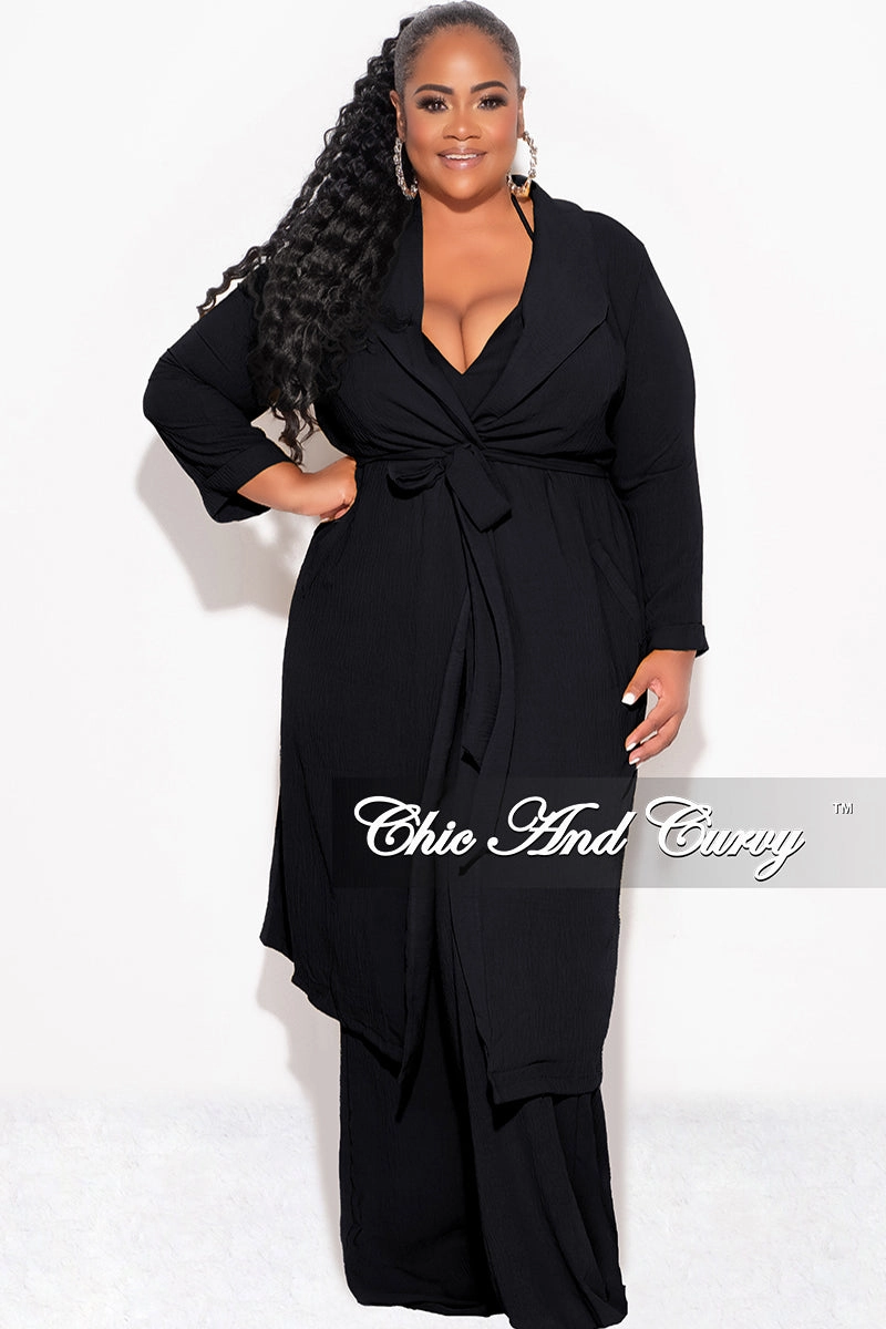Final Sale Plus Size 3pc (Duster, Crop Self Tie Top & Pants) Set in Black Airy Feel