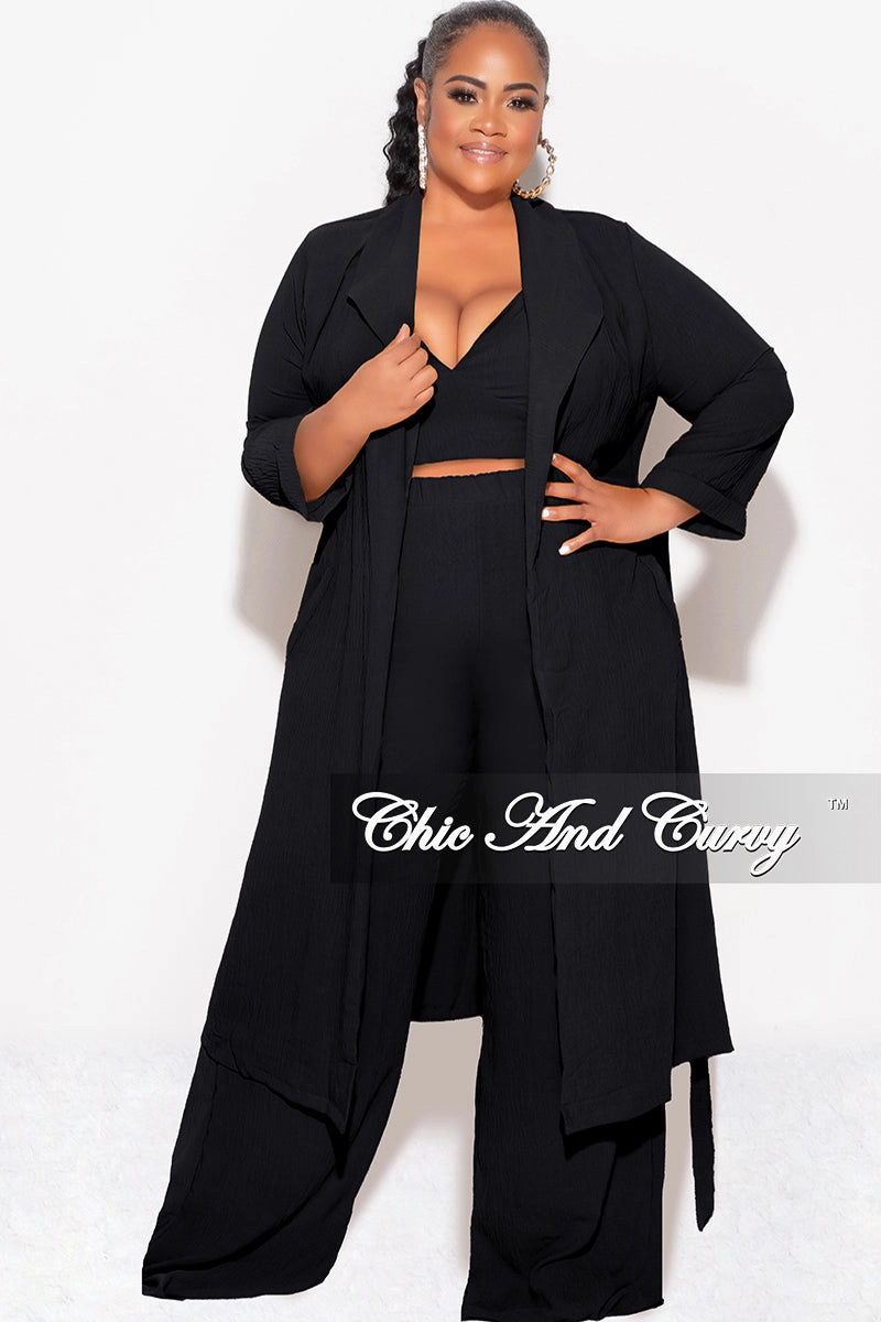 Tough Build Work Friendly Final Sale Plus Size 3pc (Duster, Crop Self Tie Top & Pants) Set in Black