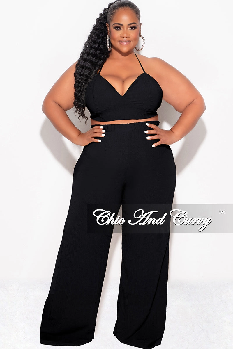 Minimal Design Cropped hem Final Sale Plus Size 3pc (Duster, Crop Self Tie Top & Pants) Set in Black