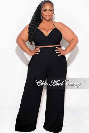 Sporty Chic Final Sale Plus Size 3pc (Duster, Crop Self Tie Top & Pants) Set in Black