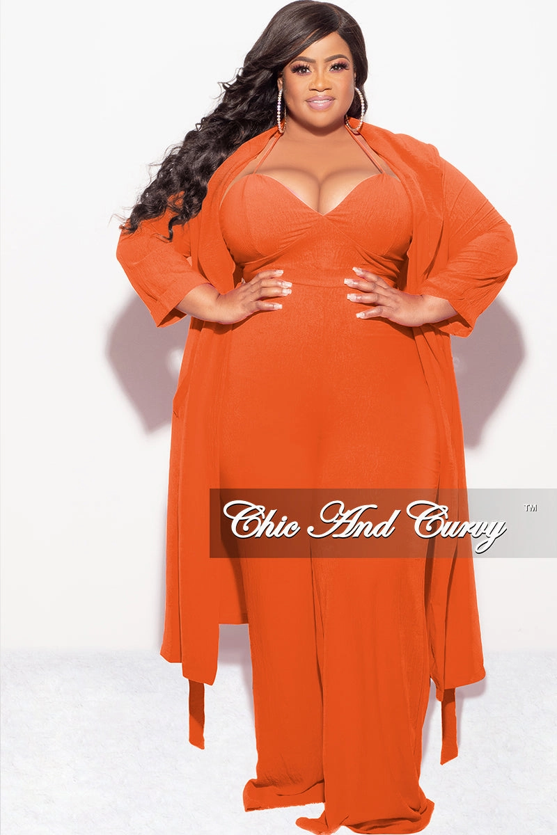 Quick Pack Ultra Soft Blend Final Sale Plus Size 3pc (Duster, Crop Self Tie Top & Pants) Set in Orange