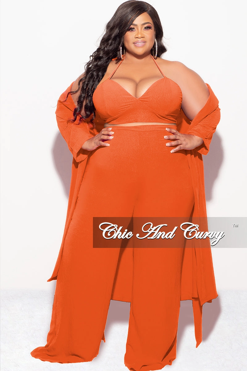 Final Sale Plus Size 3pc (Duster, Crop Self Tie Top & Pants) Set in Orange Street Inspired NonRestrictiveCut
