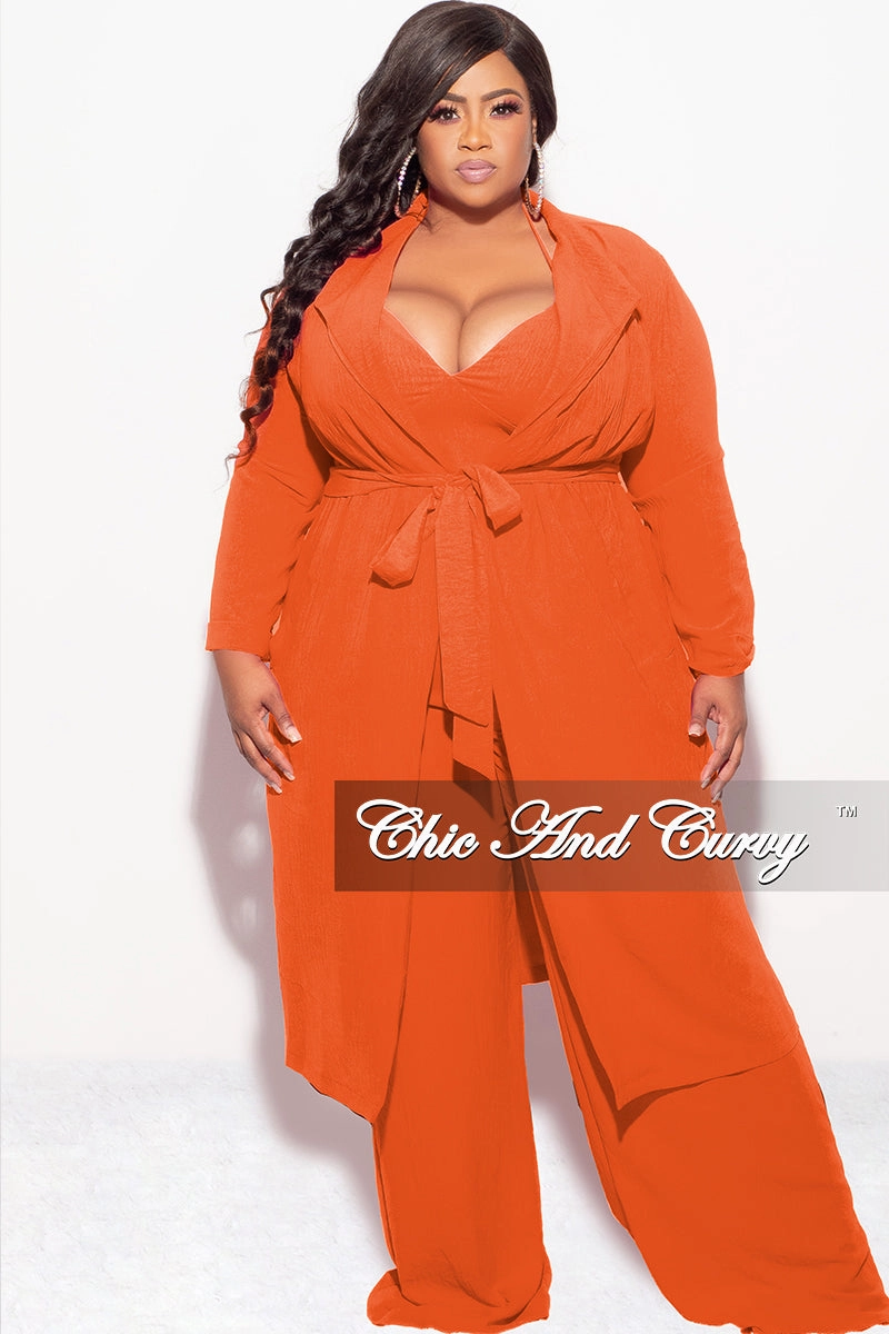 Flexible Knees Breathable Base Final Sale Plus Size 3pc (Duster, Crop Self Tie Top & Pants) Set in Orange