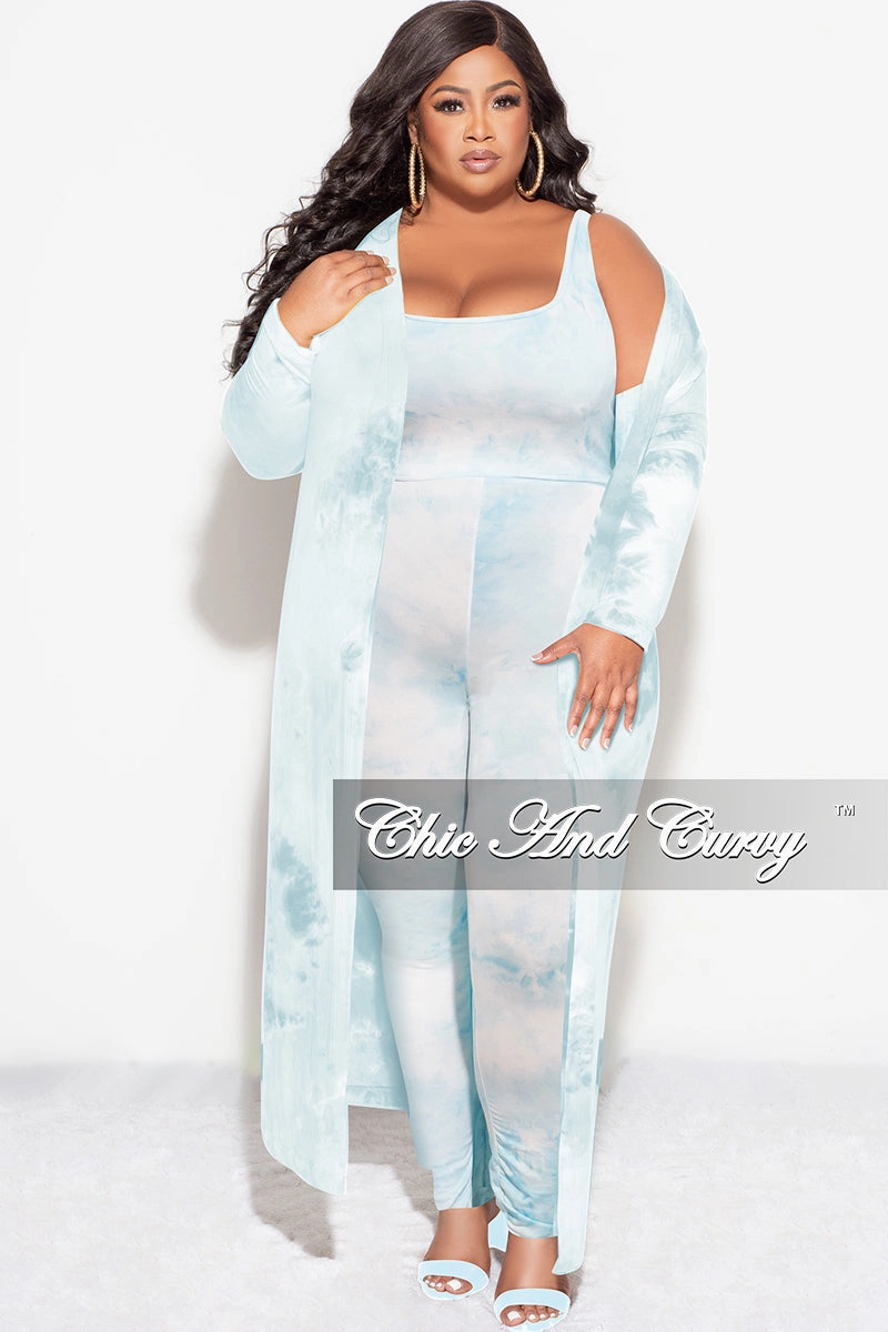 Final Sale Plus Size 3pc (Duster, Crop Tank Top & Pants) Set in Blue Cloud Print Active Design Modern Comfort