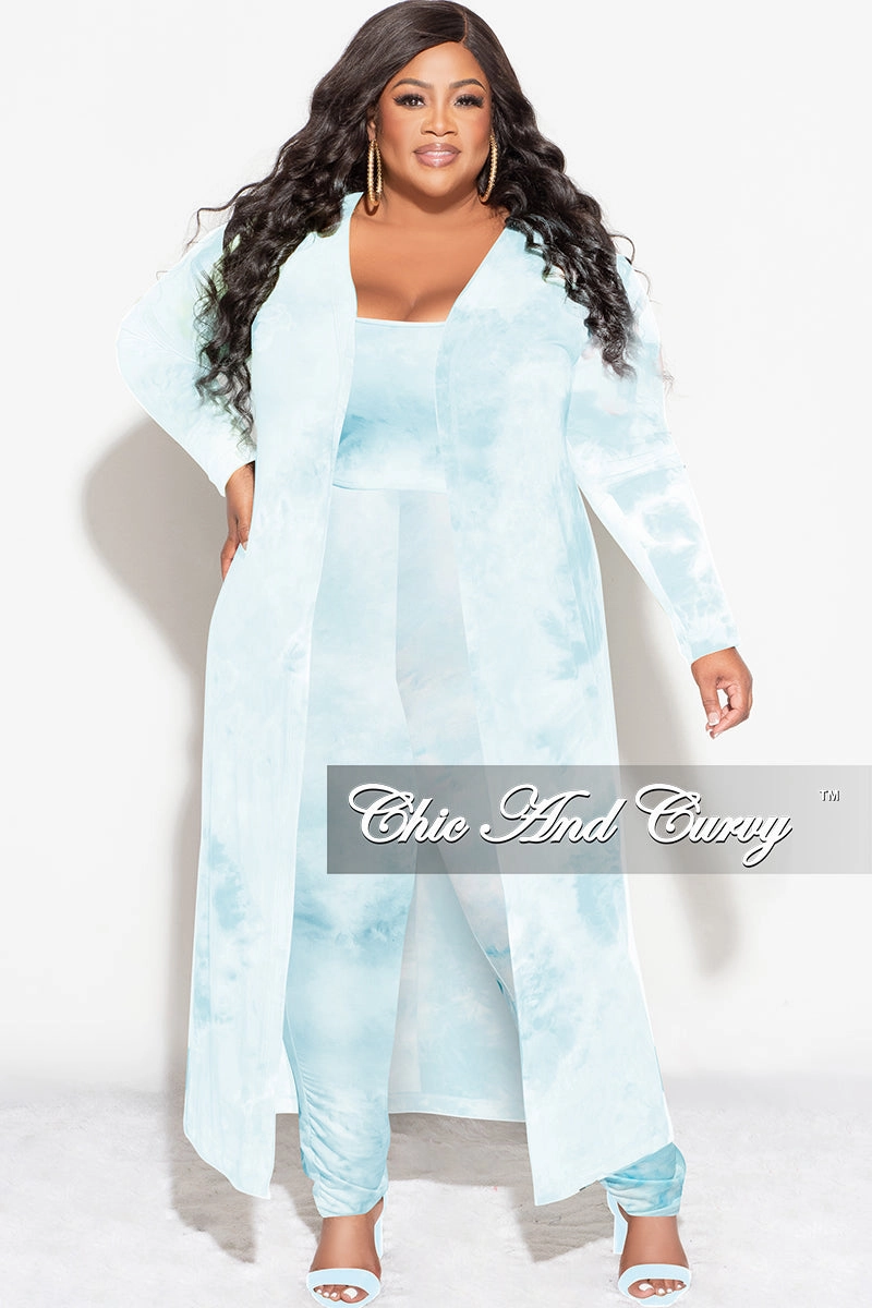 Final Sale Plus Size 3pc (Duster, Crop Tank Top & Pants) Set in Blue Cloud Print Odor Control Technology Chic casual