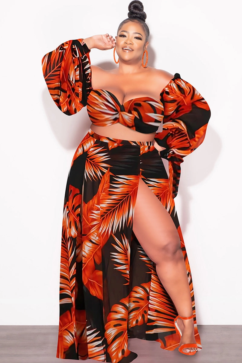 Final Sale Plus Size 3pc Playsuit Set in Burnt Orange Tropical Palm Print Urban Style Easy Layer
