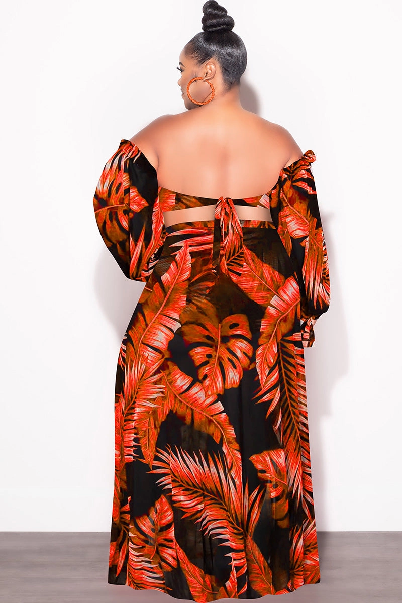 Final Sale Plus Size 3pc Playsuit Set in Burnt Orange Tropical Palm Print Movement Ready Soft and Stretchy