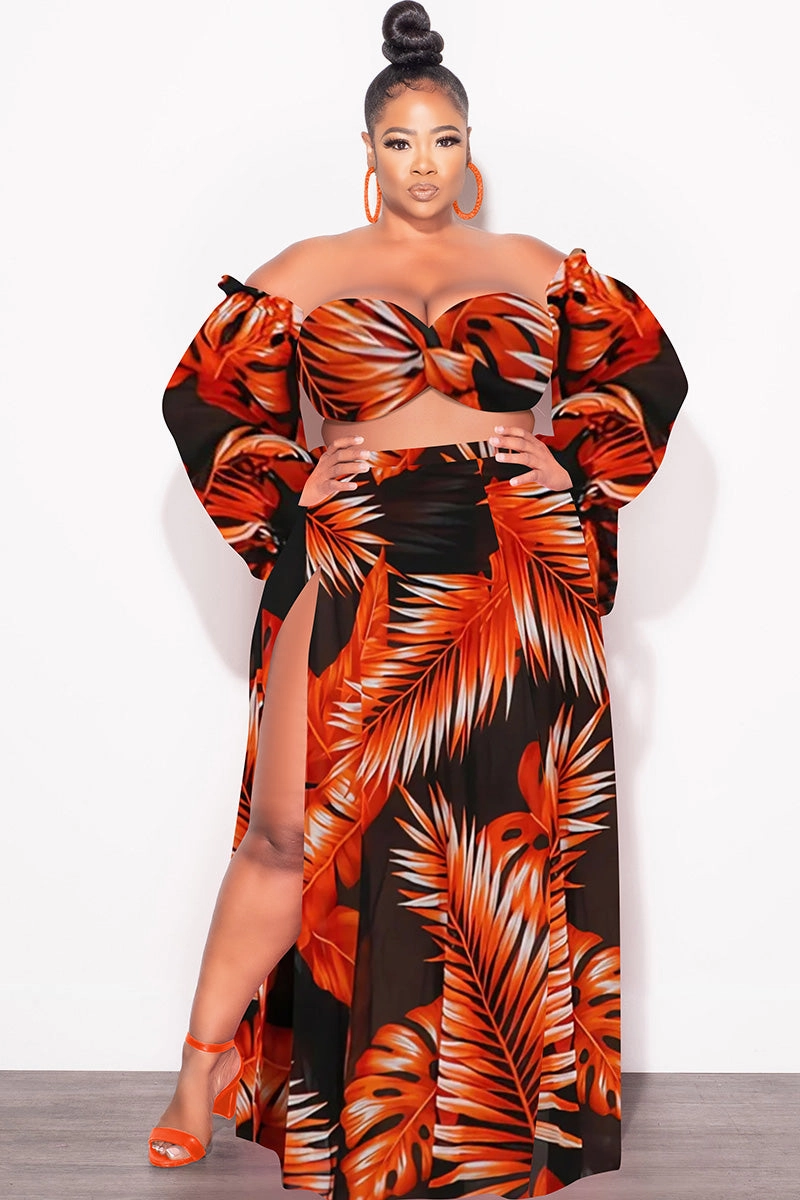 Final Sale Plus Size 3pc Playsuit Set in Burnt Orange Tropical Palm Print Chilly Weather Wear Low Bulk