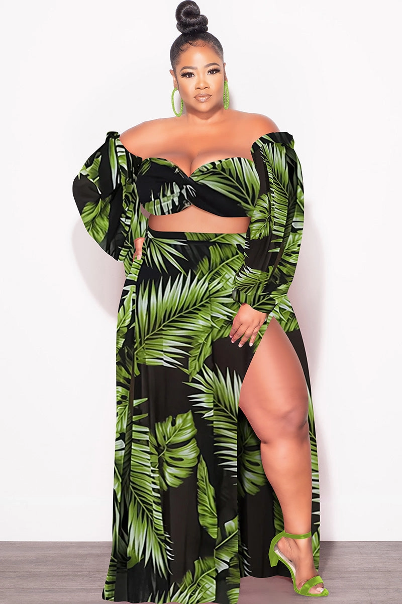 Modular Attachment Flexible Performance Wear Final Sale Plus Size 3pc Playsuit Set in Navy with Olive Tropical Palm Print