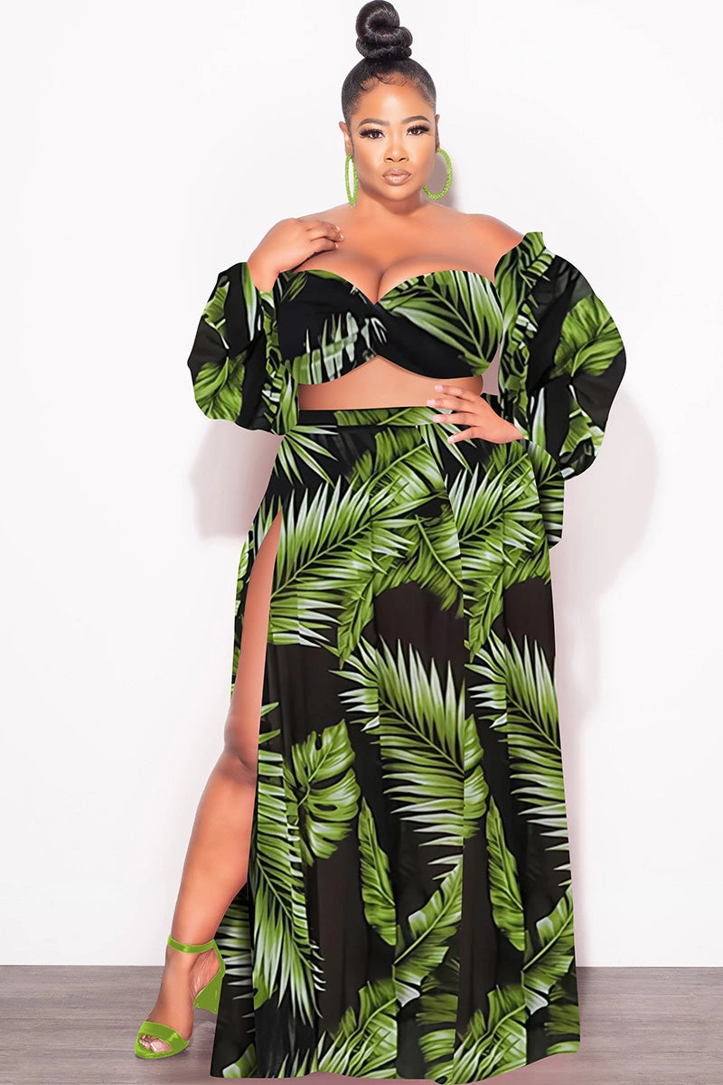 Final Sale Plus Size 3pc Playsuit Set in Navy with Olive Tropical Palm Print Utility Style