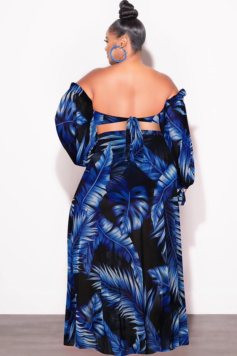 Final Sale Plus Size 3pc Playsuit Set in Royal Blue Tropical Palm Print Lightweight Feel Odor Control Fabric