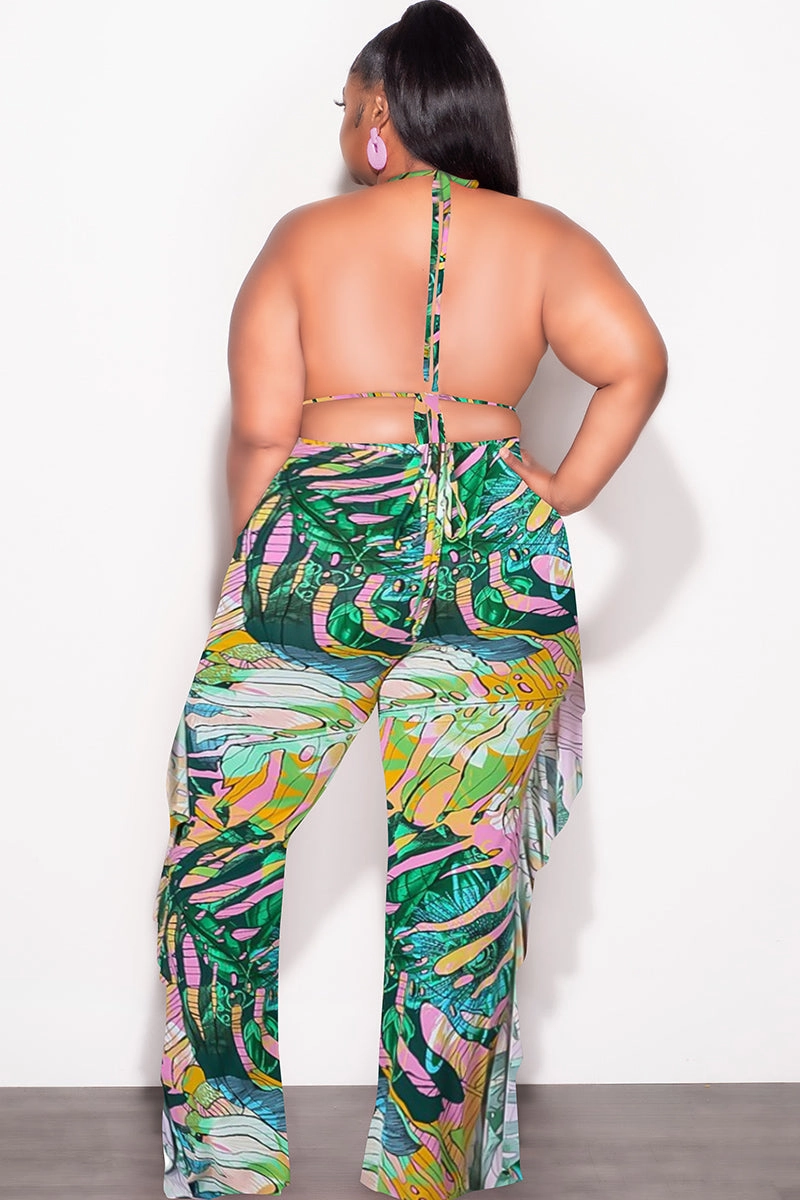 Flexible Performance Wear Final Sale Plus Size 3pc Poolside Playsuit (Bikini Top, High Waist Bottoms & Pants) Set in Pink & Green Print