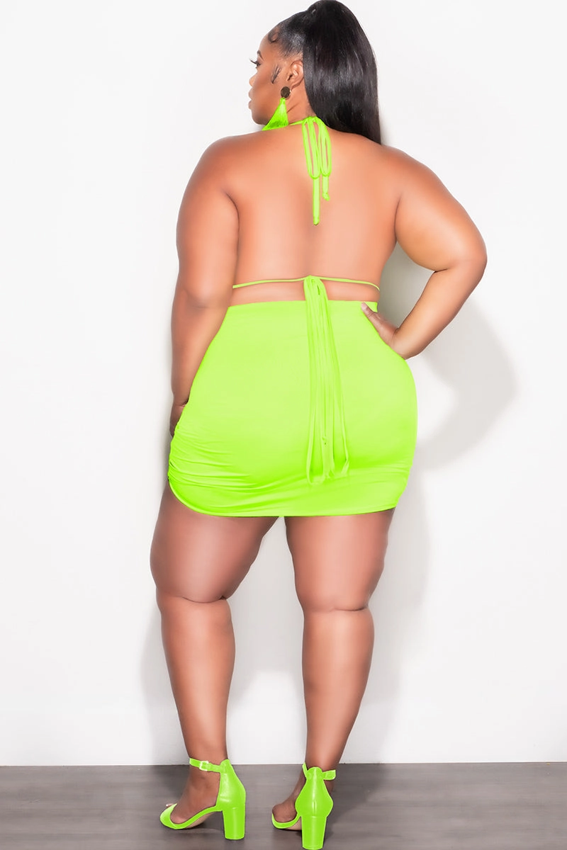 Final Sale Plus Size 3pc Set Bikini Top, Briefs & Ruched Skirt in Neon Green Summer Smart Casual Comfort for All