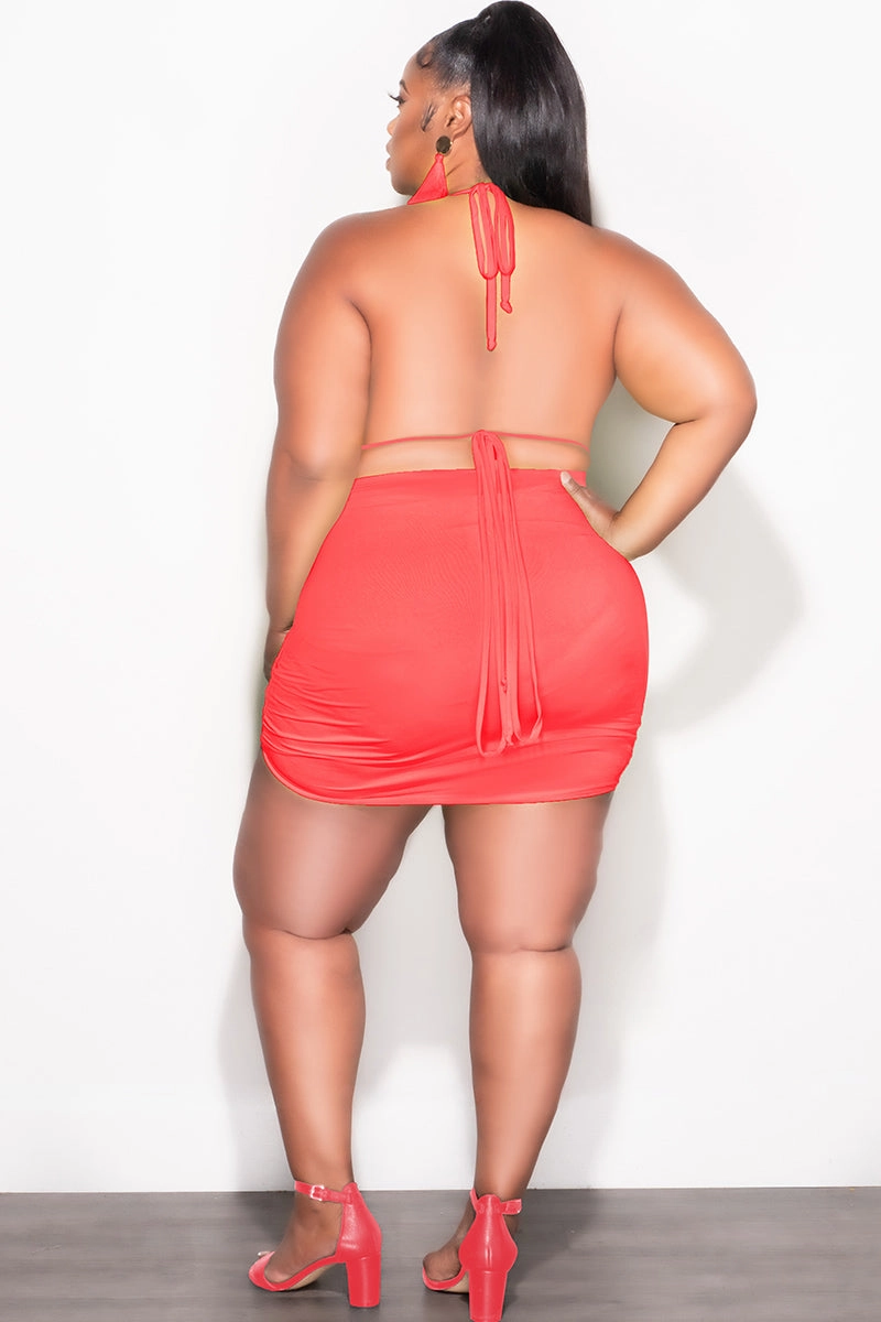 StretchFabric Performance Design Final Sale Plus Size 3pc Set Bikini Top, Briefs & Ruched Skirt in Rust Orange