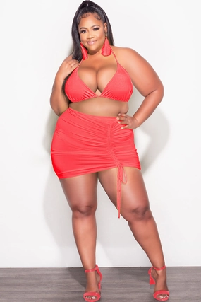 Final Sale Plus Size 3pc Set Bikini Top, Briefs & Ruched Skirt in Rust Orange Perfectly Relaxed Utility Ready