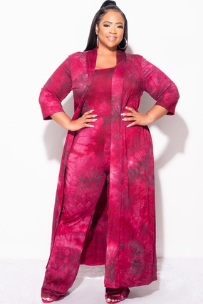 Comfortable Cut Simple Cut Final Sale Plus Size 3pc Set Duster, Tank, & Pants in Burgundy Tie Dye