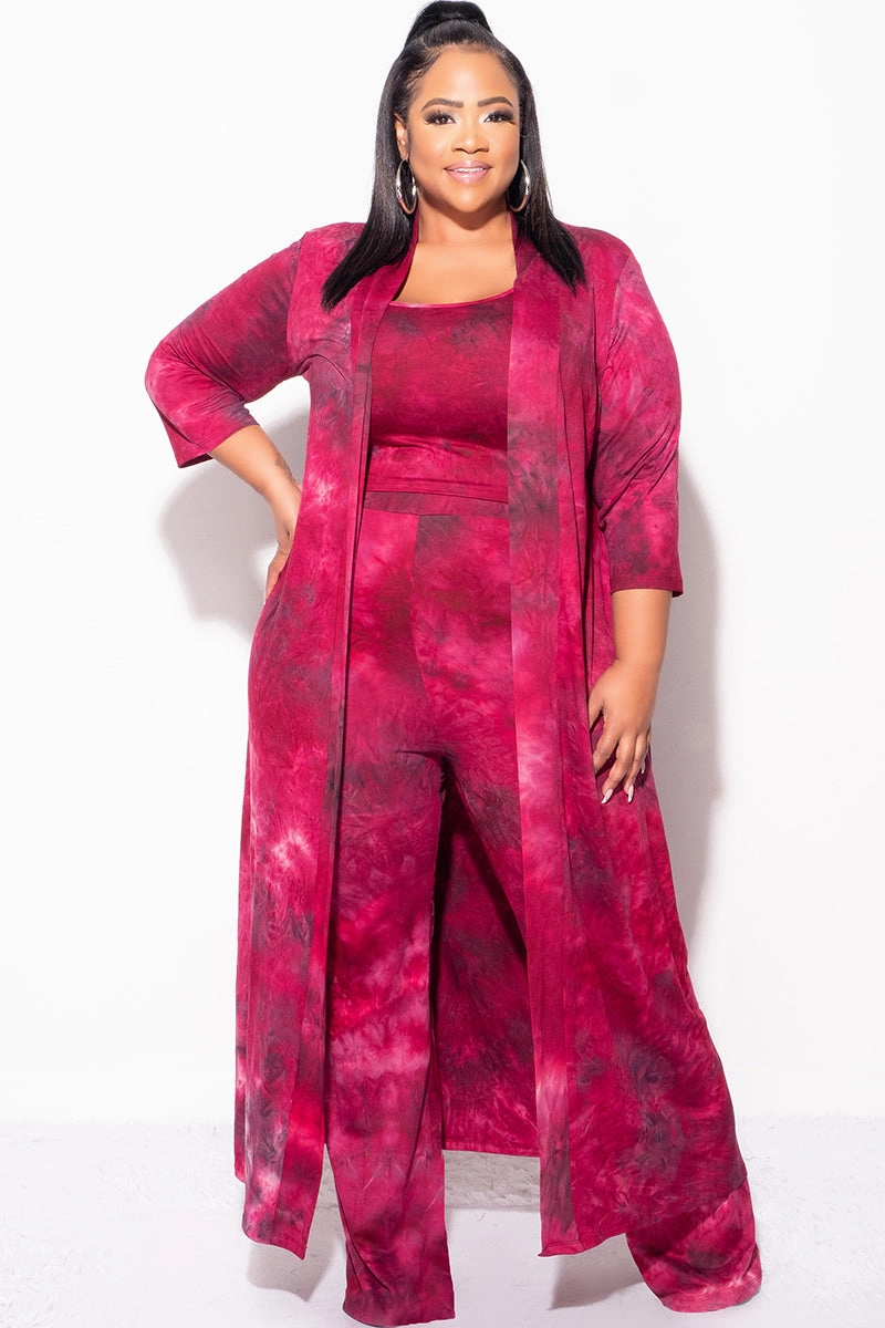 Lightweight Fit Final Sale Plus Size 3pc Set Duster, Tank, & Pants in Burgundy Tie Dye