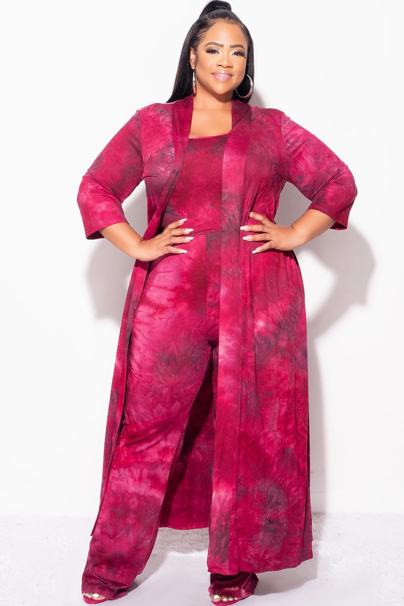 Final Sale Plus Size 3pc Set Duster, Tank, & Pants in Burgundy Tie Dye Comfortable Leg clean look
