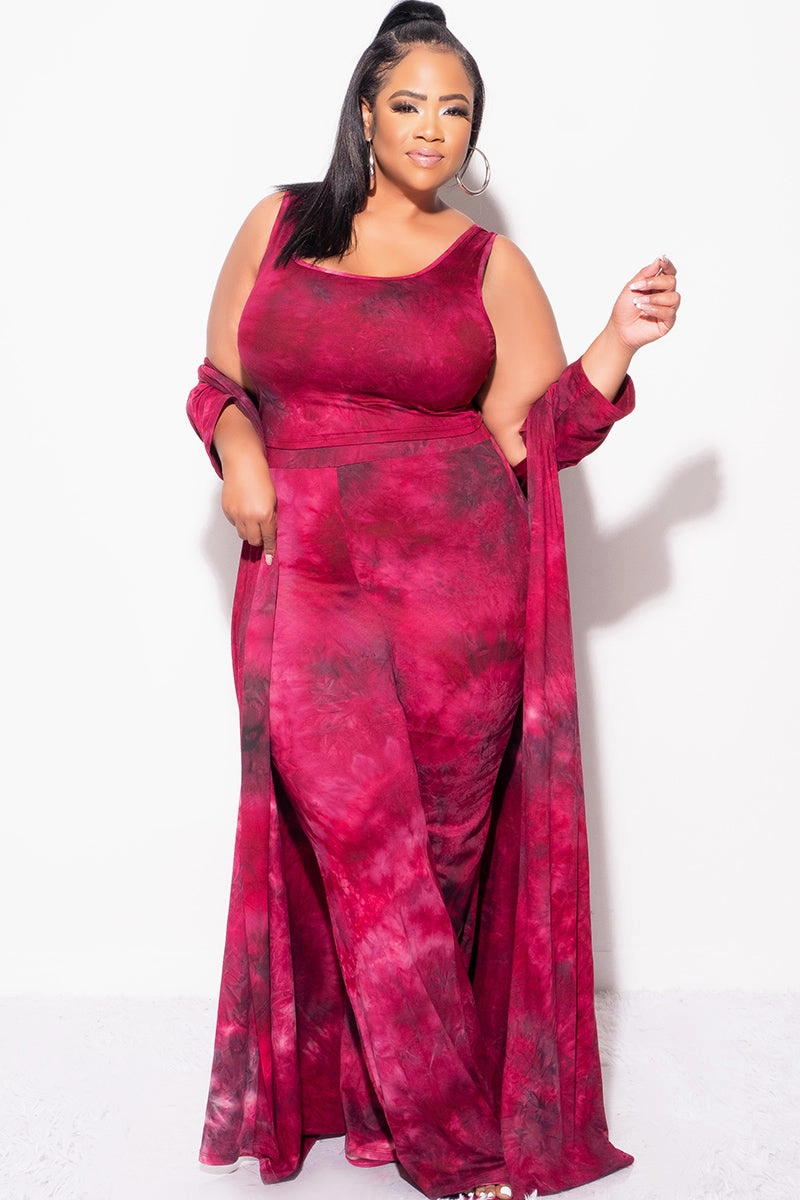 ReinforcedKnees Final Sale Plus Size 3pc Set Duster, Tank, & Pants in Burgundy Tie Dye