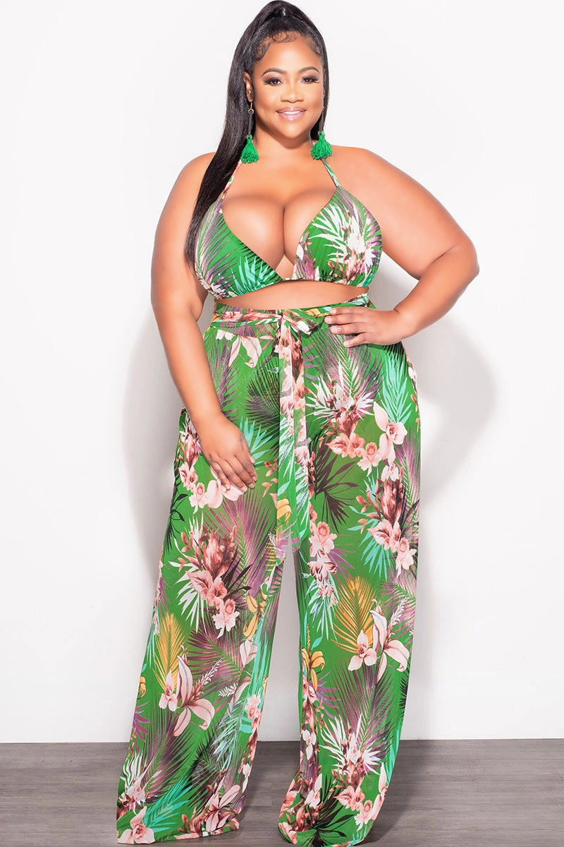 Linen blend Weather Ready Final Sale Plus Size 3pc Set Mesh Bikini Top, Briefs & Pants in Green Tropical Print