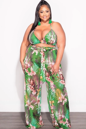 Final Sale Plus Size 3pc Set Mesh Bikini Top, Briefs & Pants in Green Tropical Print Noise Reduciting Fabric Non Bulk