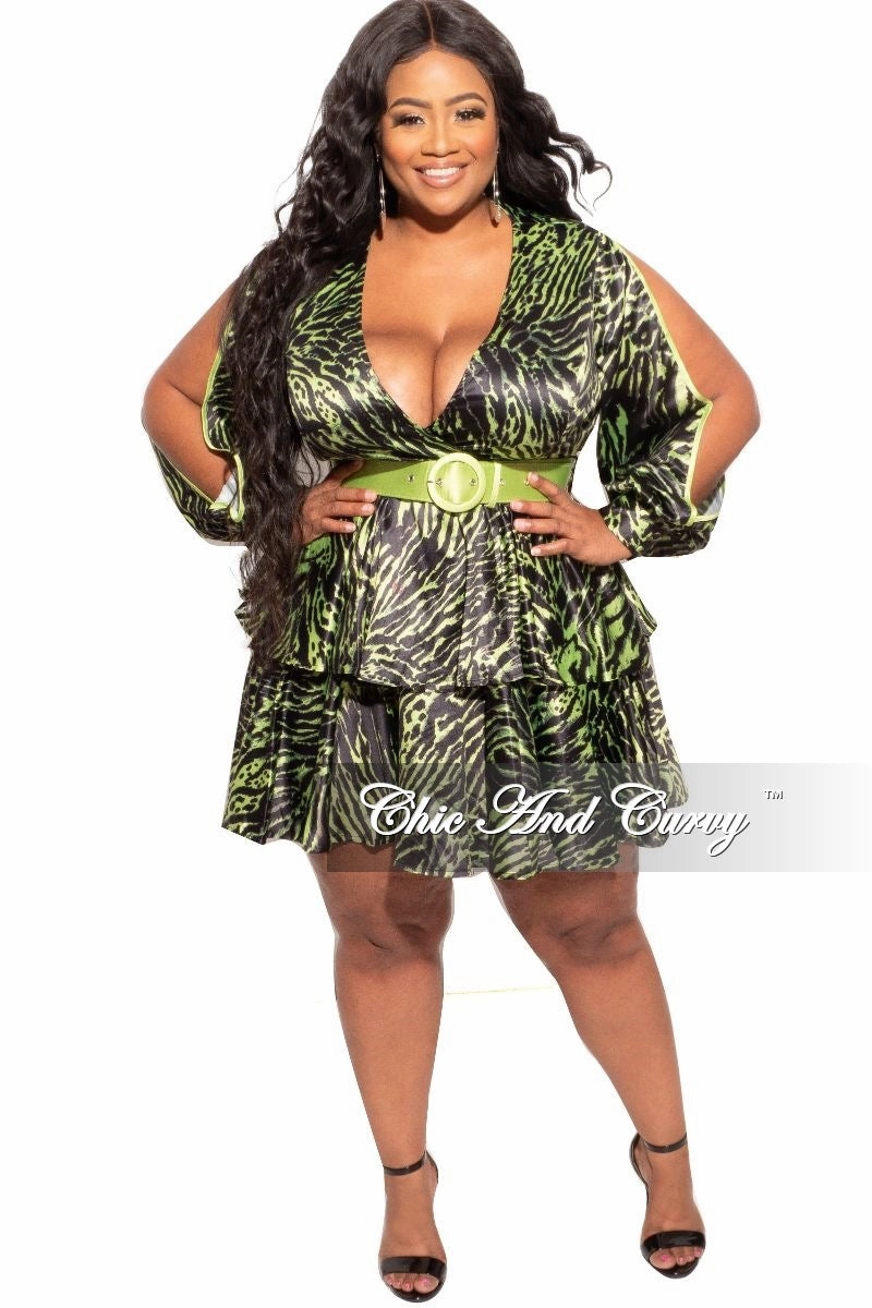 Comfy Shape Body-Hugging Fit Final Sale Plus Size Babydoll Dress in Lime Green and Black Tiger Stripes