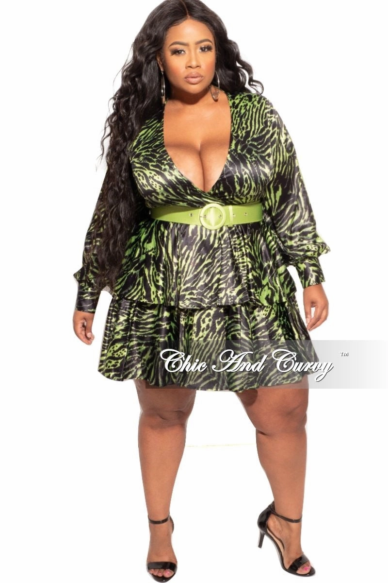 Final Sale Plus Size Babydoll Dress in Lime Green and Black Tiger Stripes Rayon drape