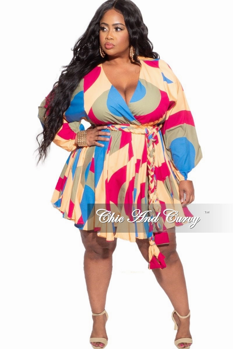 Smart Fit Layer-Friendly Final Sale Plus Size BabyDoll Dress in Mustard, Purple & Olive Print