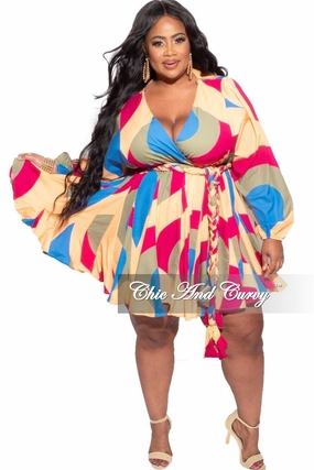 SeamlessConstruction Final Sale Plus Size BabyDoll Dress in Mustard, Purple & Olive Print