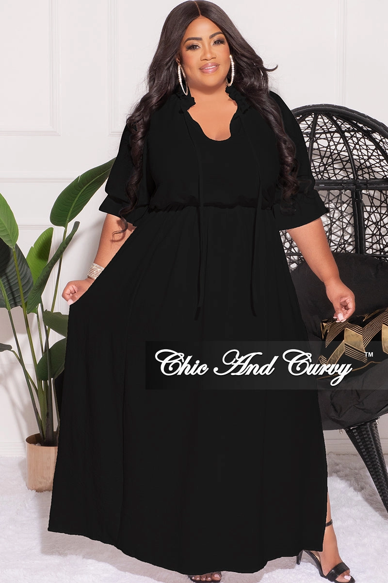 Snag Free Fabric Quick Cool Final Sale Plus Size Balloon Sleeve Crop Top and Maxi Skirt Set in Black