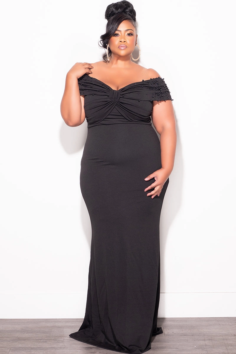 Stylish Waistband Loose cut Final Sale Plus Size Beaded Gown in Black