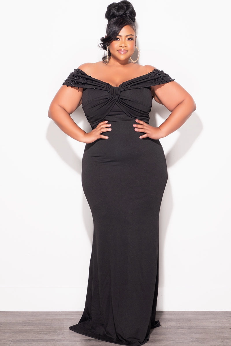 Final Sale Plus Size Beaded Gown in Black Stretchable Comfort