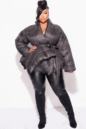Final Sale Plus Size Belted Puffer Jacket in Black Comfy Motion Seamless Waist Technology