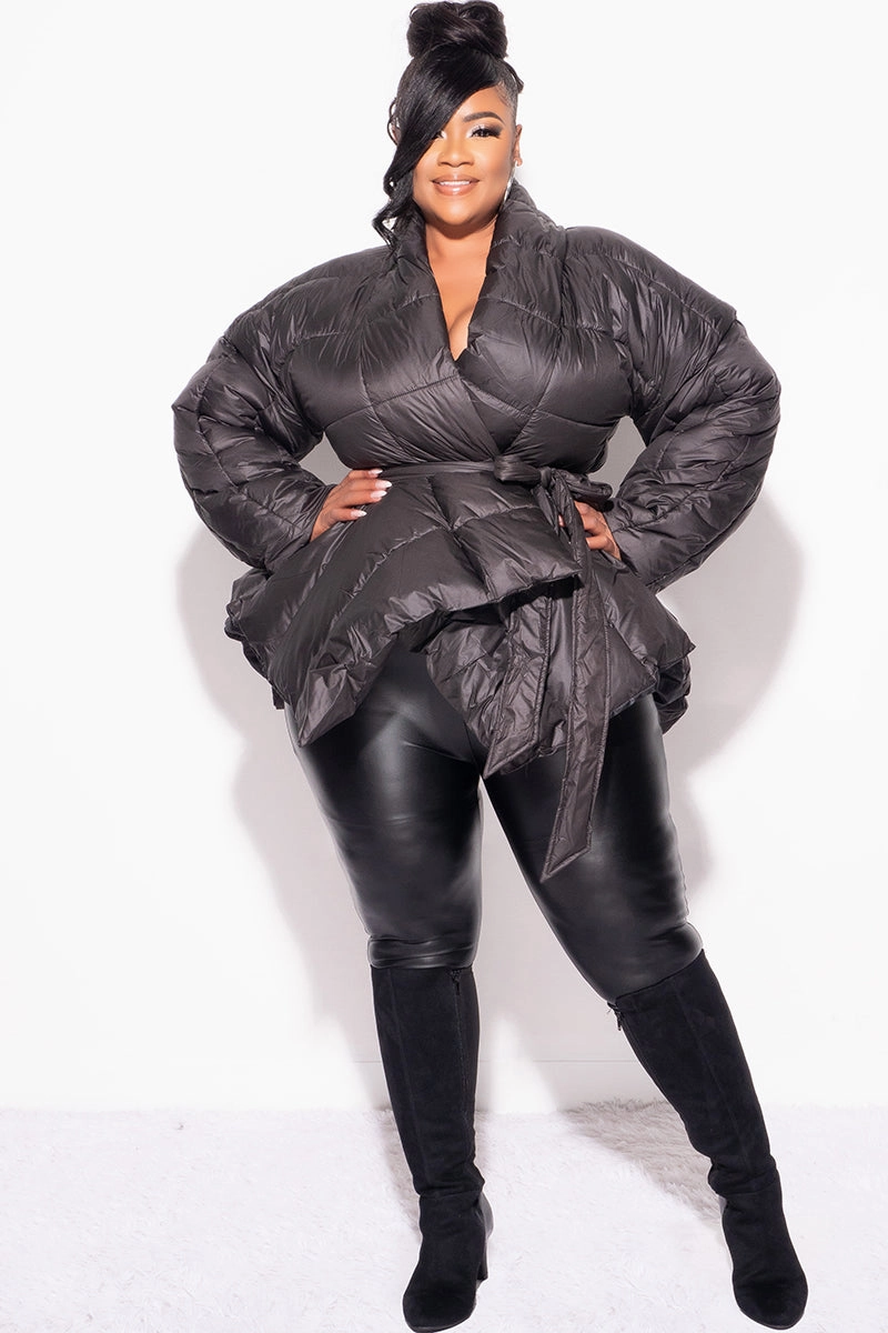 Final Sale Plus Size Belted Puffer Jacket in Black ReinforcedSeams All-day Flex