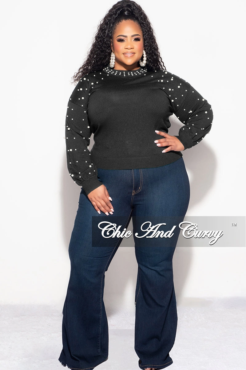 Final Sale Plus Size Black Sweater with Pearl Detailed Sleeves Chilly Layering