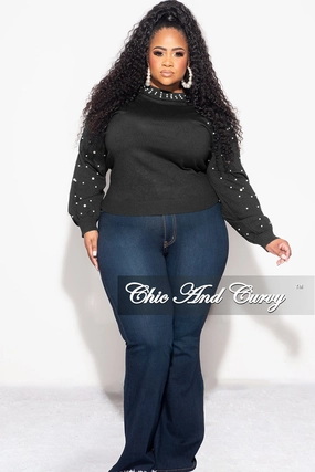 Outdoor Comfort Fit Final Sale Plus Size Black Sweater with Pearl Detailed Sleeves
