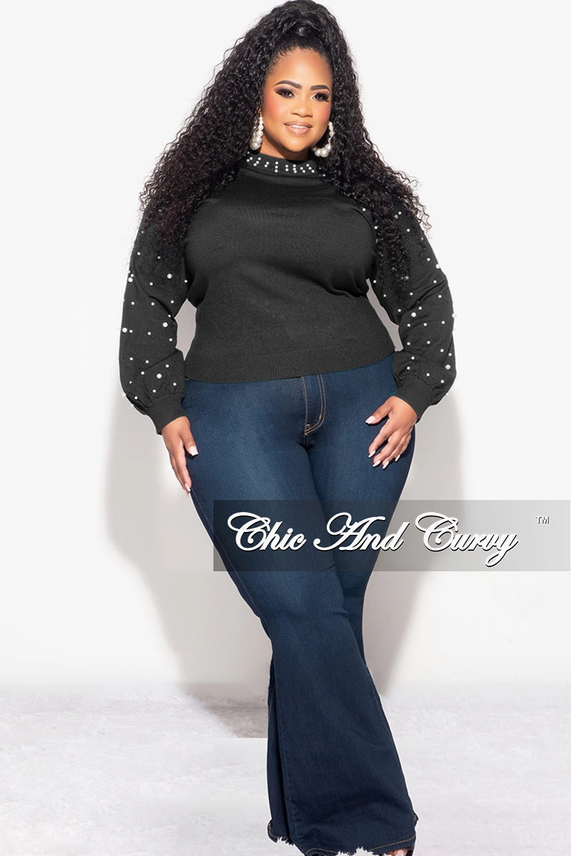 Slim Look Fit Final Sale Plus Size Black Sweater with Pearl Detailed Sleeves