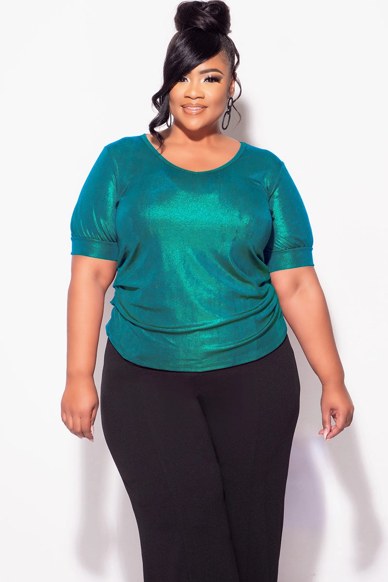 Relaxed Design Final Sale Plus Size Blouse in Metallic Hunter Green