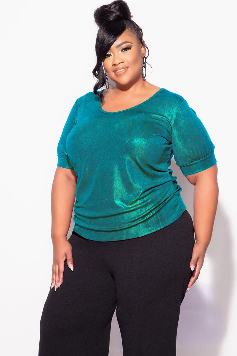 Stay Fresh Final Sale Plus Size Blouse in Metallic Hunter Green