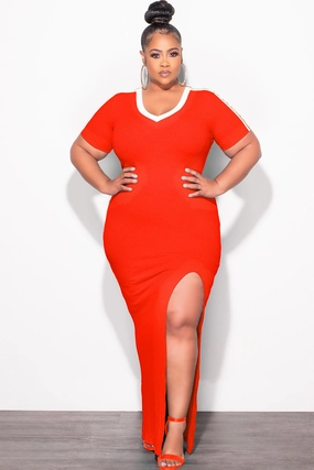 Soft Fabric Final Sale Plus Size BodyCon Colorblock with Front Slit Tomato Red